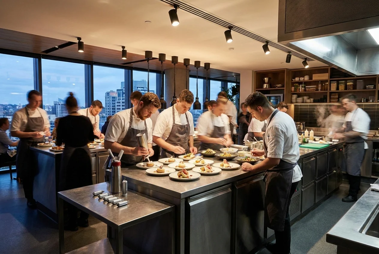 Chefs collaborating in a modern open kitchen with plated dishes