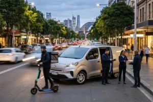 Delivery rider coordinating orders on a busy Sydney street at dusk