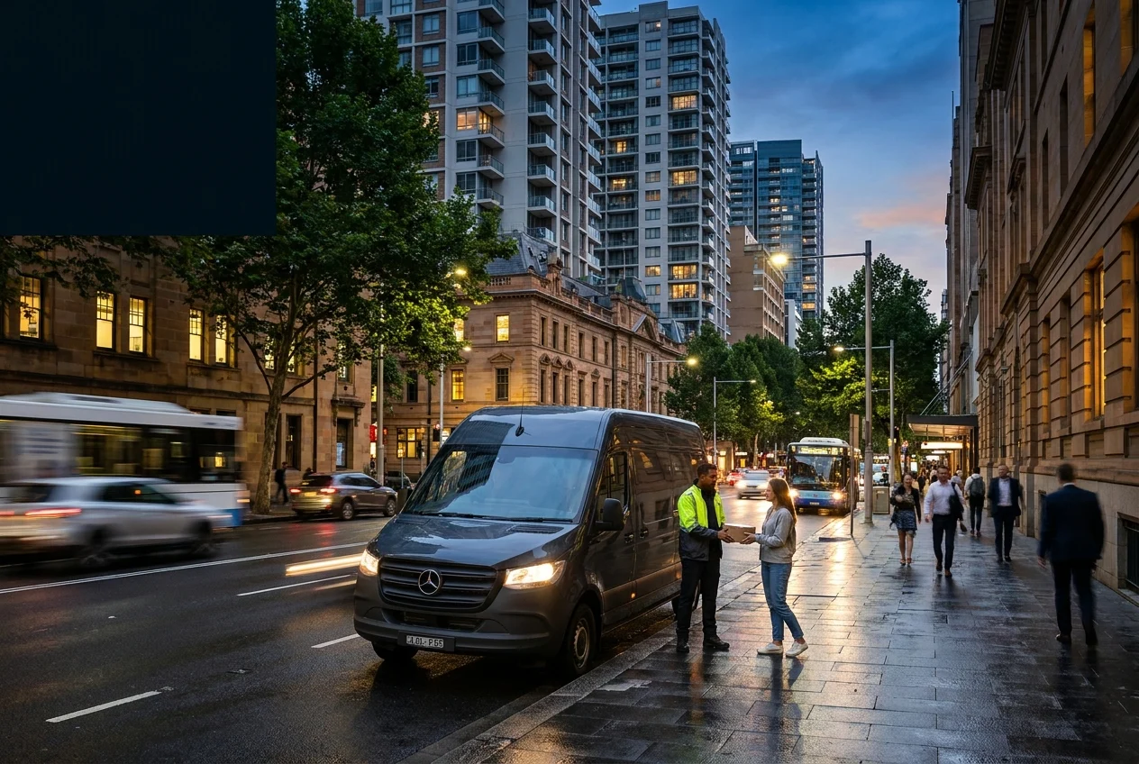 Courier vehicle and people exchanging parcel on city street at dusk