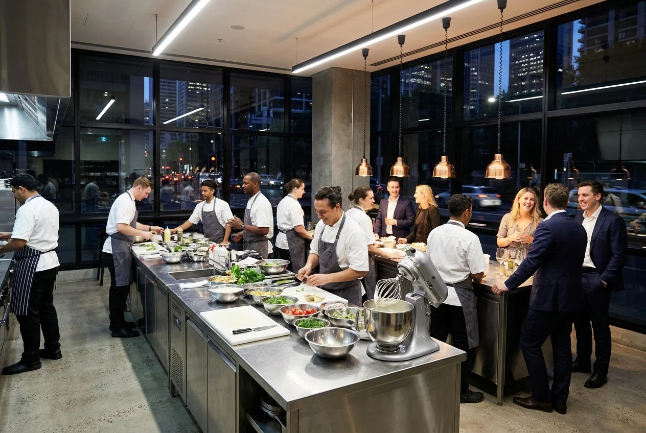 Busy Sydney dessert kitchen with staff preparing whipped cream