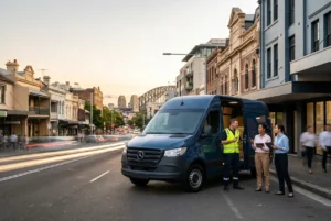 Sydney delivery team coordinating routes beside a modern vehicle at dusk