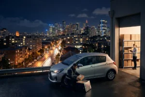 Delivery driver and coordinator prepare sealed supplies overlooking Sydney at night