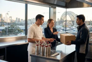 Hospitality team coordinating a fast culinary delivery in Sydney