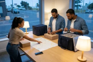 Delivery team coordinating routes and preparing sealed catering orders