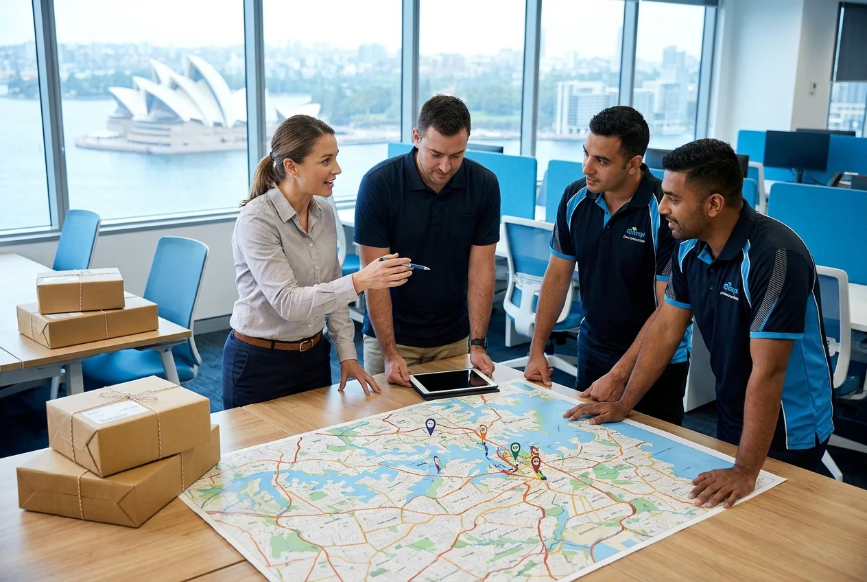 Sydney delivery team planning routes around a city map table