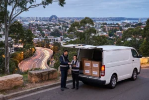 Couriers coordinate deliveries above Sydneys harbour and winding city roads