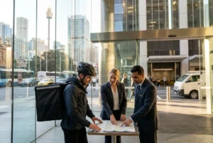 Courier, manager, and concierge coordinate delivery at Sydney high-rise entrance